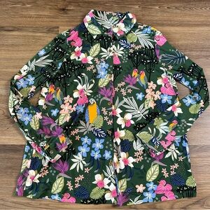 Susan Graver Long Sleeve Button Up Floral Bird Shirt Liquid Knit Top Green Small
